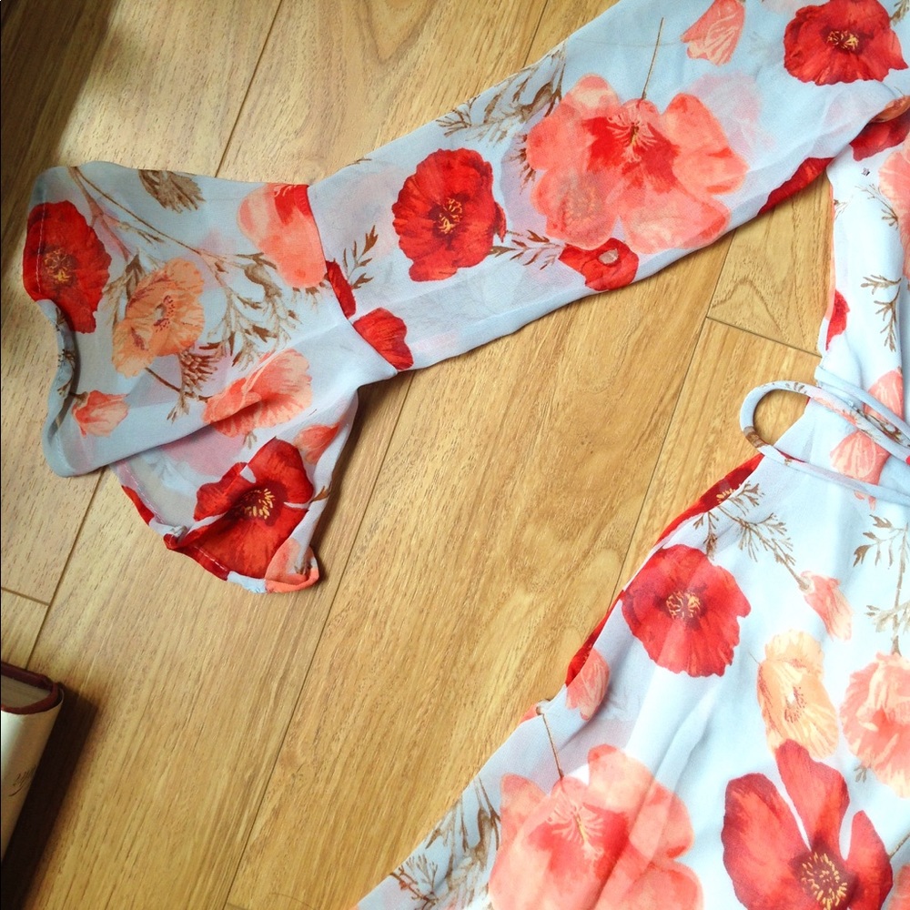 Lulu's Floral Chiffon Skater Kimono Sleeve Mini Casual Date Blue Weekend Dress - Picture 7 of 9